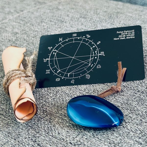 Laser-engraved plate with natal chart, Rolled pice of parchment and a blue stone
