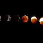 A stunning sequence of moon phases during a lunar eclipse, showcasing the transition from full moon to totality.